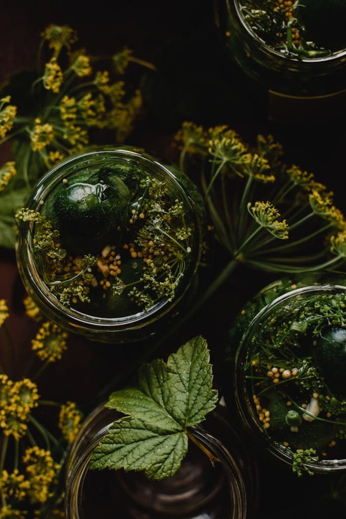 Artistic overhead shot of cucumbers pickling with dill and flowers in jars, emphasizing natural ingredients and rustic appeal.
